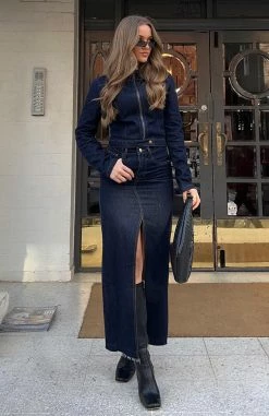 Take My Picture Denim Maxi Skirt Dark Wash